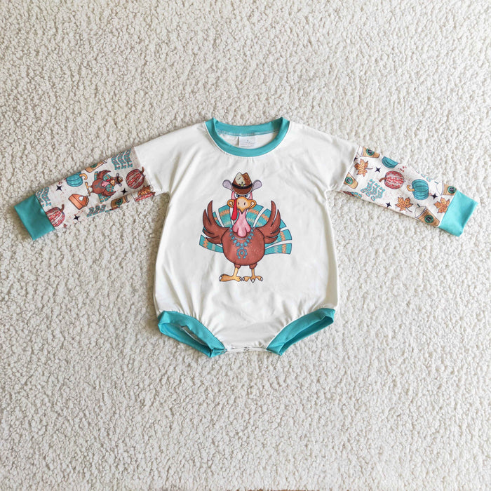 LR0170 Turkey Aqua Pumpkin Pie Baby Girls Thanksgiving Romper
