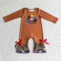 LR0171 Turkey Brown Print Baby Girls Thanksgiving Ruffle Romper