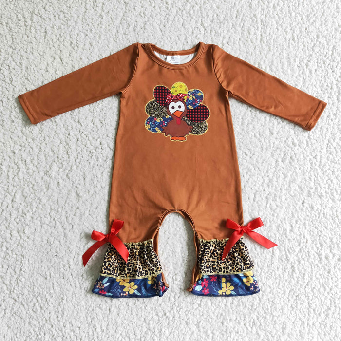 LR0171 Turkey Brown Print Baby Girls Thanksgiving Ruffle Romper