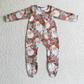 LR0176 Santa Holly Turquoise Print Baby Girls Christmas Footie Romper