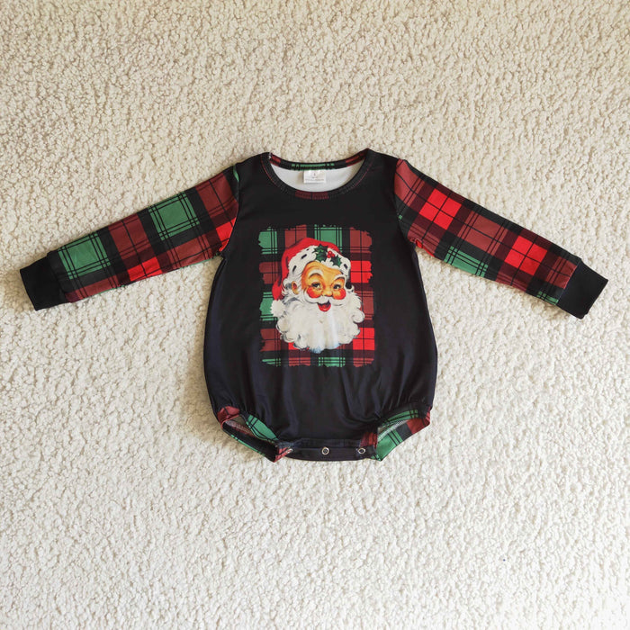 LR0177 Santa Holly Checkered Print Baby Girls Christmas Romper
