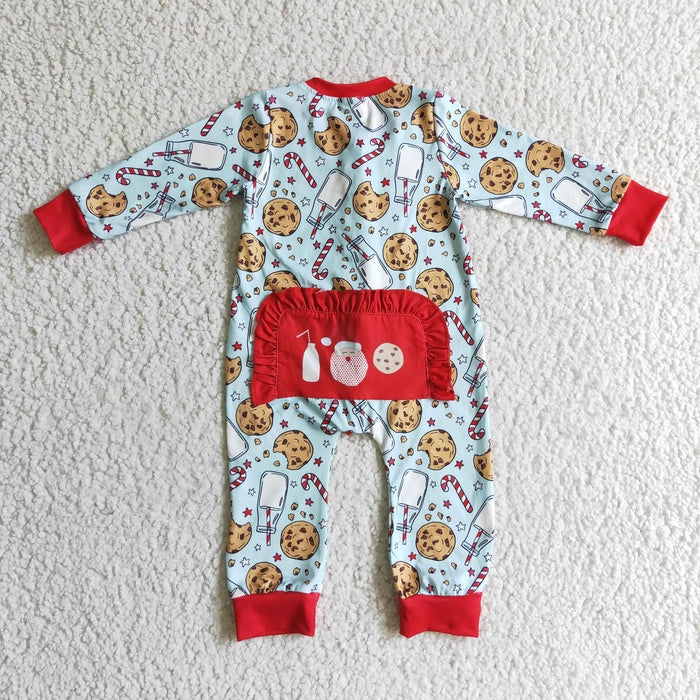 LR0185 Cookies Milk Candy Cane Print Baby Girls Christmas Ruffle Zipper Romper