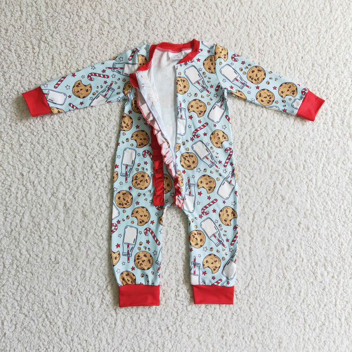 LR0185 Cookies Milk Candy Cane Print Baby Girls Christmas Ruffle Zipper Romper