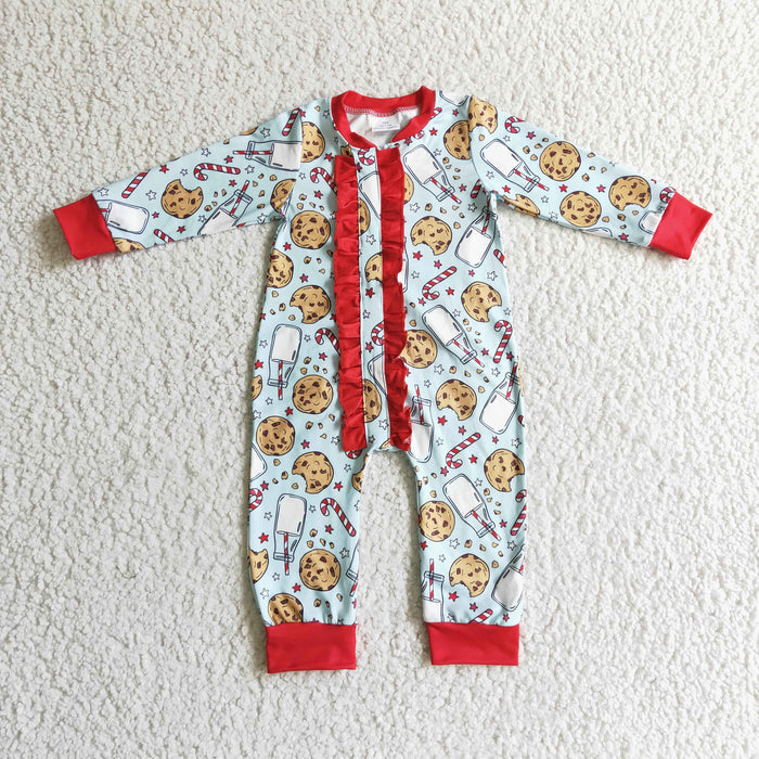 LR0185 Cookies Milk Candy Cane Print Baby Girls Christmas Ruffle Zipper Romper