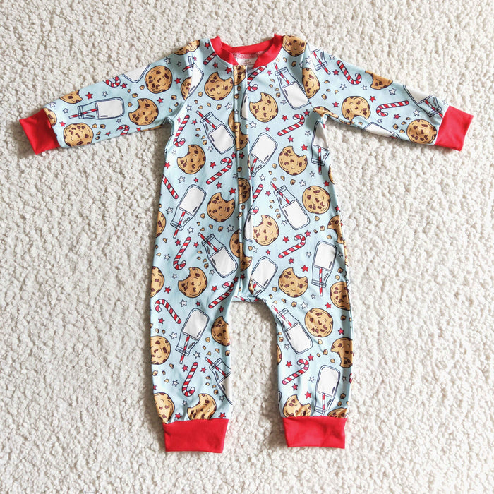 LR0186 Cookies Milk Candy Cane Print Baby Boys Christmas Zipper Romper
