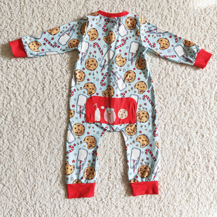 LR0186 Cookies Milk Candy Cane Print Baby Boys Christmas Zipper Romper