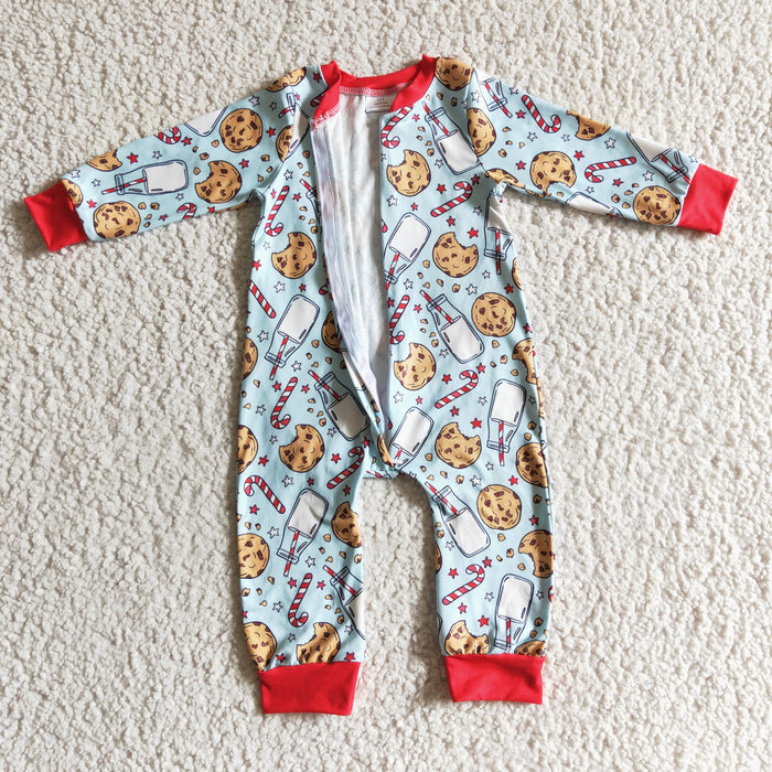 LR0186 Cookies Milk Candy Cane Print Baby Boys Christmas Zipper Romper