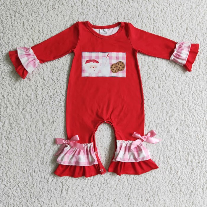 LR0188 Cookies Santa Milk Red Print Baby Girls Christmas Ruffle Romper