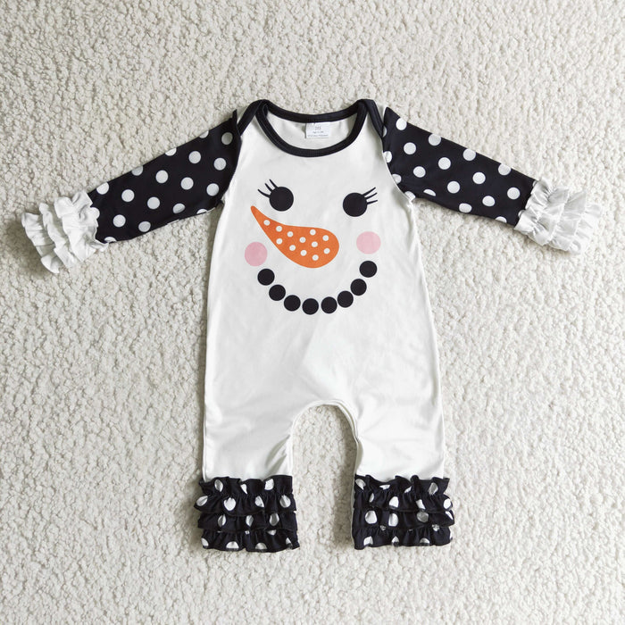 LR0192 Snowman Dots Print Baby Girls Christmas Ruffle Romper