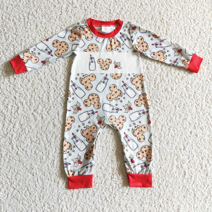 LR0201 Cartoon Mouse Cookies Milk Holly Print Baby Boys Christmas Romper