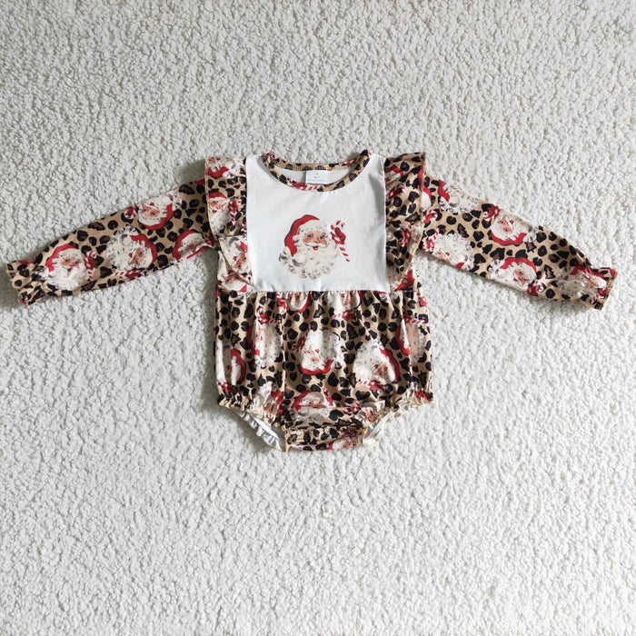 LR0202 Santa Leopard Baby Girls Christmas Ruffle Romper