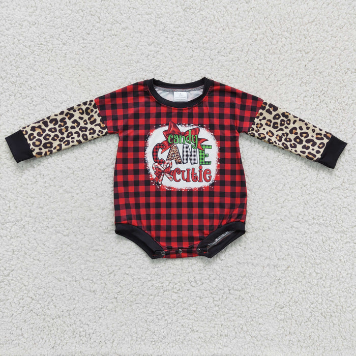 LR0214 Cadndy Cane Cutie Red Checkered Print Baby Girls Christmas Romper