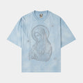 Mary Prayer Rhinestone Mens Short Sleeve Shirt (Light Blue)