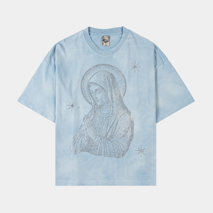 Mary Prayer Rhinestone Mens Short Sleeve Shirt (Light Blue)