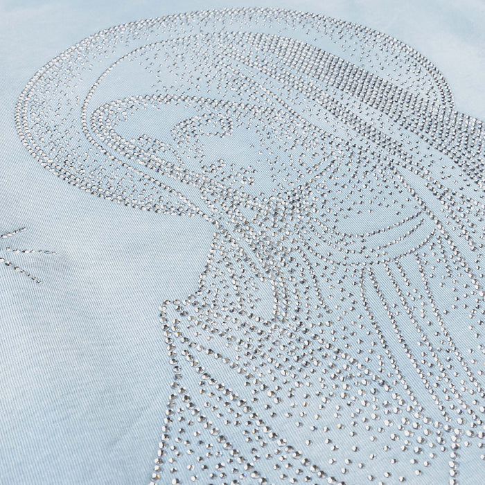Mary Prayer Rhinestone Mens Short Sleeve Shirt (Light Blue)