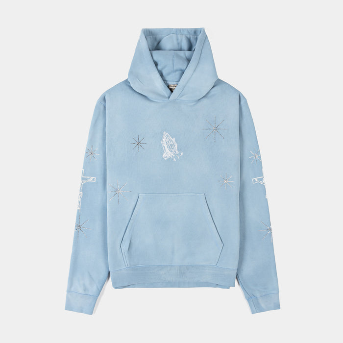 Mary Prayer Rhinestone Pullover Fleece Mens Hoodie (Blue)