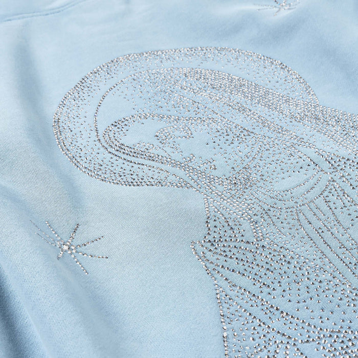 Mary Prayer Rhinestone Pullover Fleece Mens Hoodie (Blue)