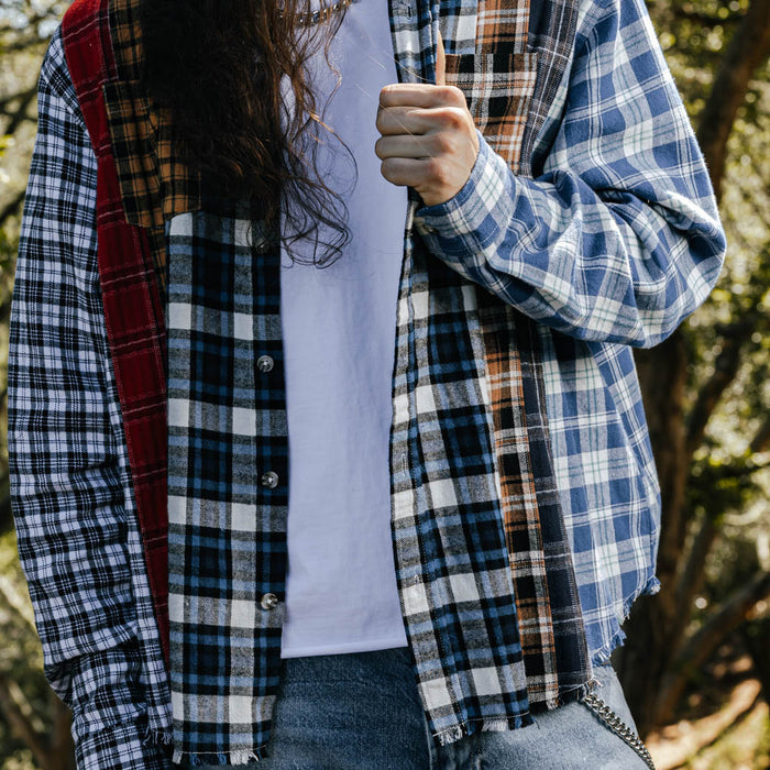Mixed Print Button Up Flannel Mens Short Sleeve Shirt (Blue/Red)