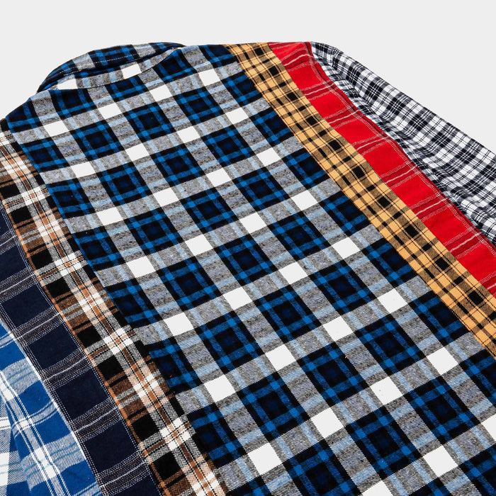Mixed Print Button Up Flannel Mens Short Sleeve Shirt (Blue/Red)