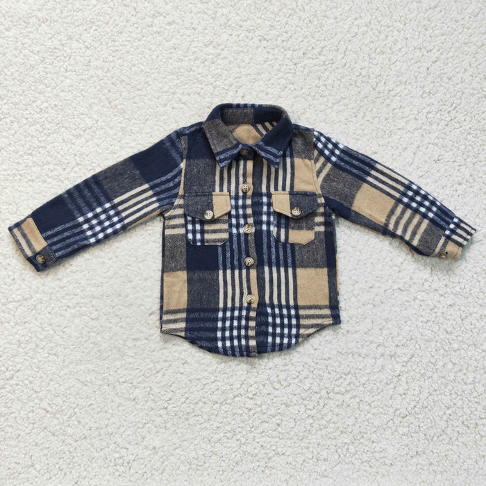 Navy khaki plaid cotton pocket boy thick flannel button up shirt BT0186