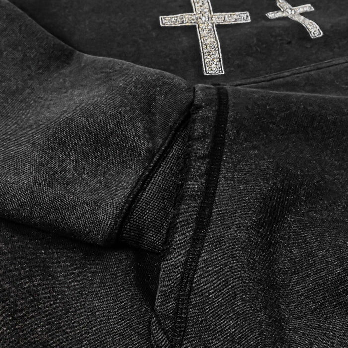 Neck Bling Washed Pullover Fleece Mens Hoodie (Grey)
