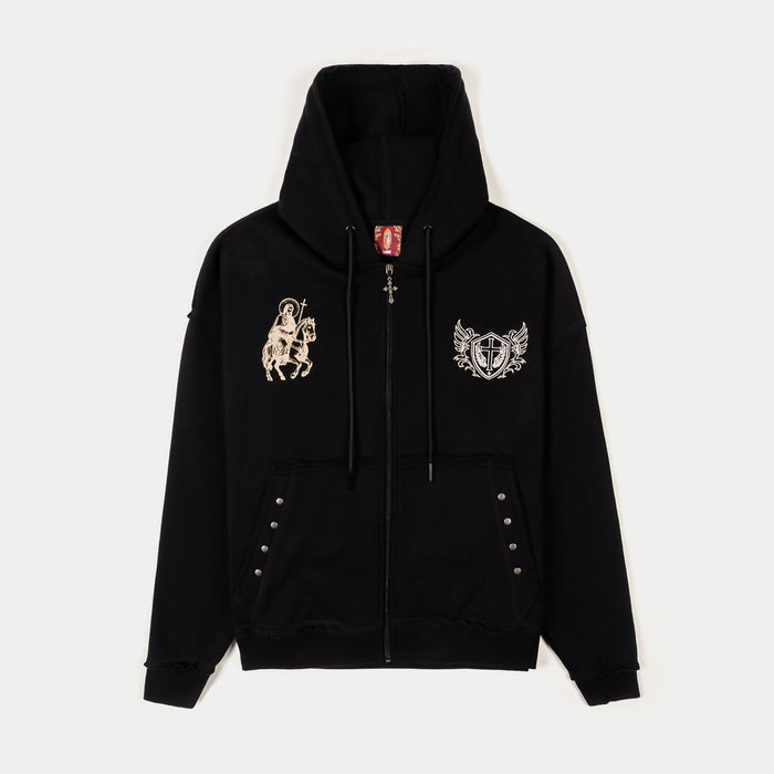 Our Father Cropped Zip Up Mens Hoodie (Black/Beige)