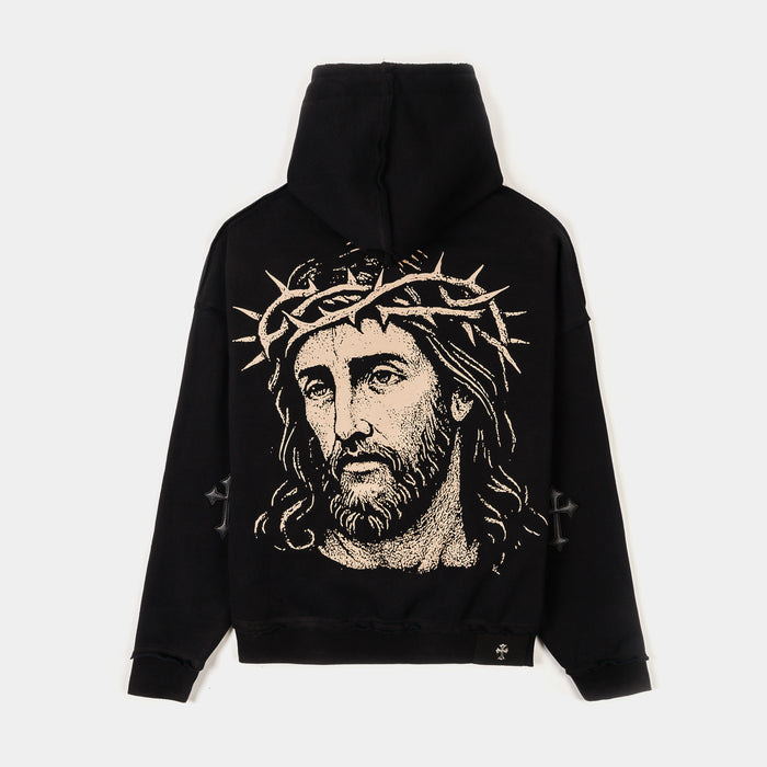 Our Father Cropped Zip Up Mens Hoodie (Black/Beige)