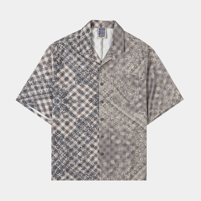 Paisley Gingham Button Up Mens Short Sleeve Shirt (Brown/Grey)