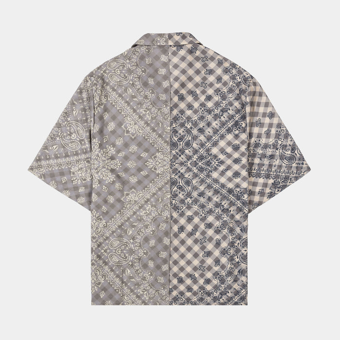 Paisley Gingham Button Up Mens Short Sleeve Shirt (Brown/Grey)