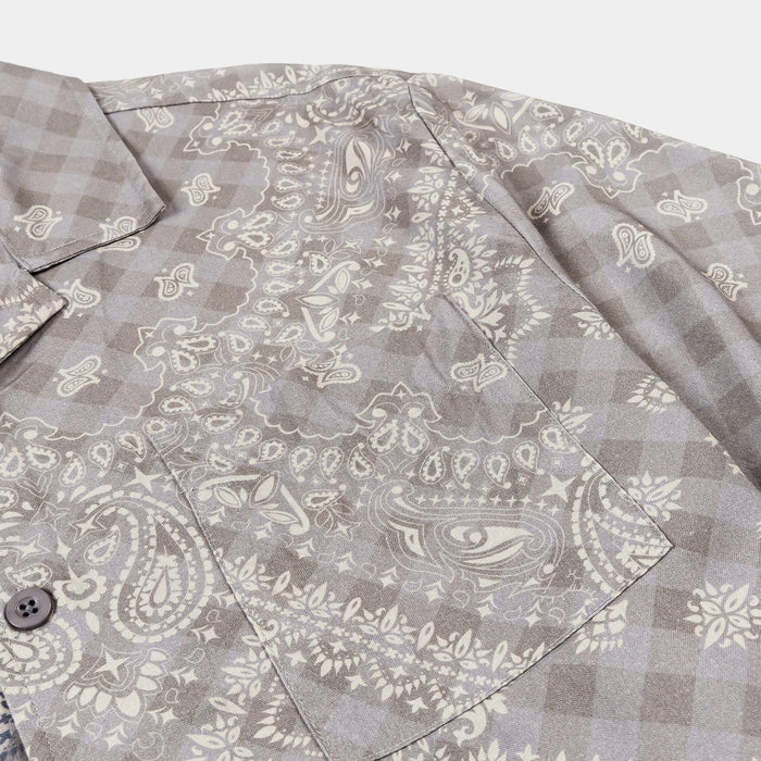 Paisley Gingham Button Up Mens Short Sleeve Shirt (Brown/Grey)