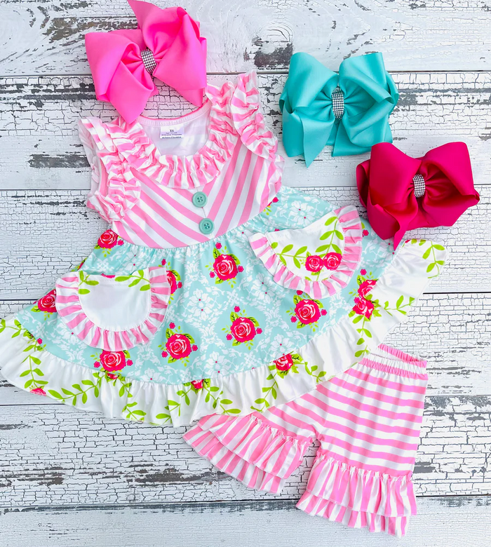 Pink pocket floral twirl tunic ruffle shorts summer outfits   C2-2