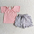 Pink Short Sleeve Top Stripes Ruffles shorts summer outfits   D7-28