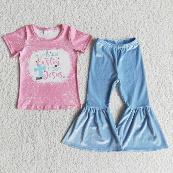 Pink Top Blue Bell Pants Girls Easter Outfits