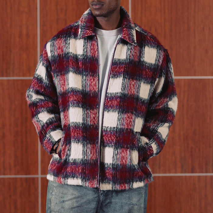 Plaid Zip-Up Flannel Mens Jacket (Red/Beige)
