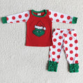 (Promotion) 6 A0-5 Green Frog Embroidery Dots Pants Girls Christmas Pajamas Clothes Set