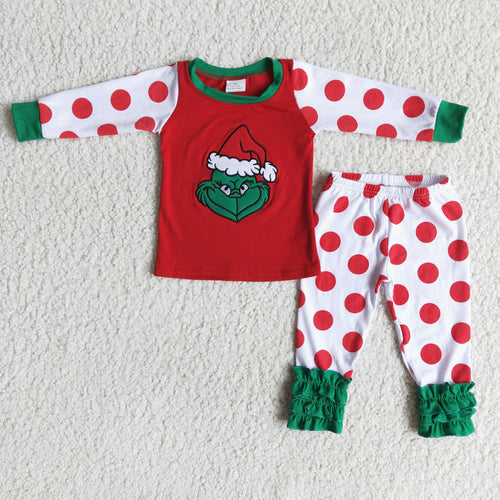 (Promotion) 6 A0-5 Green Frog Embroidery Dots Pants Girls Christmas Pajamas Clothes Set