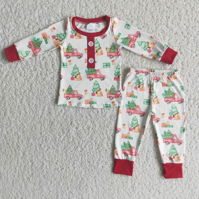 (Promotion) 6 A15-20 Trucks Print Boys Christmas Pajamas Clothes Set