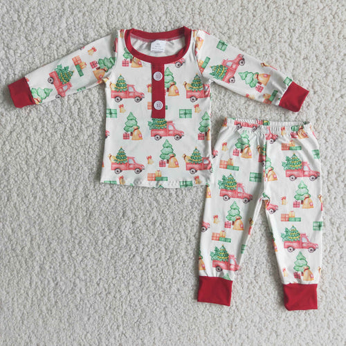 (Promotion) 6 A15-20 Trucks Print Boys Christmas Pajamas Clothes Set
