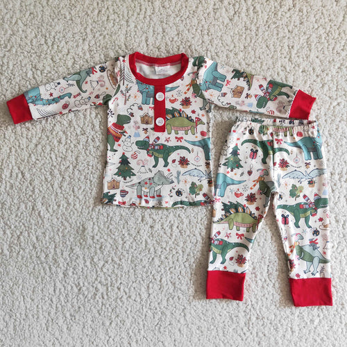 (Promotion) 6 A3-27 Dino Print Boys Christmas Pajamas Clothes Set