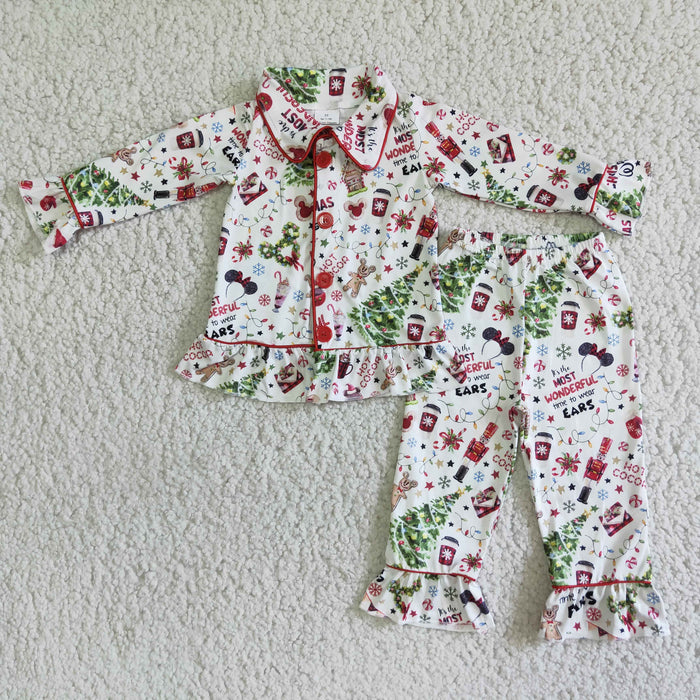 (Promotion) 6 A3-29 Christmas Mouse Print Baby Girls Christmas Buttons Pajamas Clothes Set
