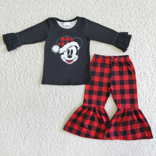 (Promotion) 6 A4-11 Cartoon Mouse Black Top Checkered Bell Pants Girls Christmas Clothes Set