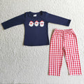 (Promotion) 6 A6-27 Santa Embroidery Navy Top Checkered Pants Boys Christmas Clothes Set