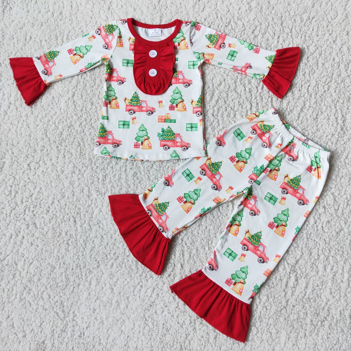 (Promotion) 6 B3-38 Trucks Tree Print Girls Christmas Pajamas Clothes Set