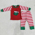 (Promotion) 6 B5-18 Green Frog Embroidery Red Top Stripes Pants Boys Christmas Clothes Set