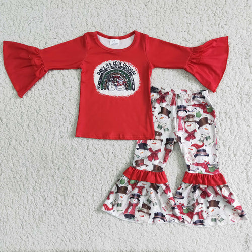 (Promotion) 6 B6-6 Snowman Rainbow Red Top Bell Pants Girls Christmas Clothes Set