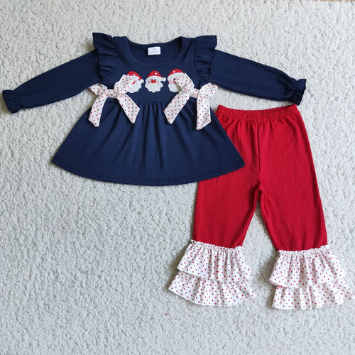 (Promotion) 6 B7-39 Santa Embroidery Navy Tunic Top Red Ruffle Pants Girls Christmas Clothes Set