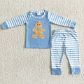 (Promotion) 6 B8-23 Gingerbread Embroidery Blue Stripes Boys Christmas Pajamas Clothes Set