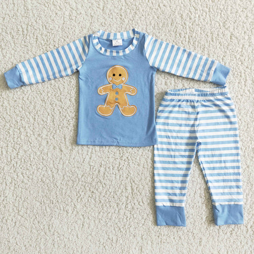 (Promotion) 6 B8-23 Gingerbread Embroidery Blue Stripes Boys Christmas Pajamas Clothes Set