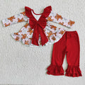 (Promotion) 6 B8-5 Gingerbread Backless Bow Tunic Top Red Pants Girls Christmas Clothes Set