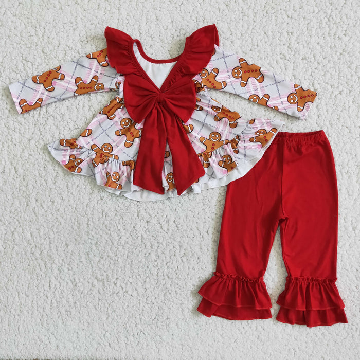 (Promotion) 6 B8-5 Gingerbread Backless Bow Tunic Top Red Pants Girls Christmas Clothes Set